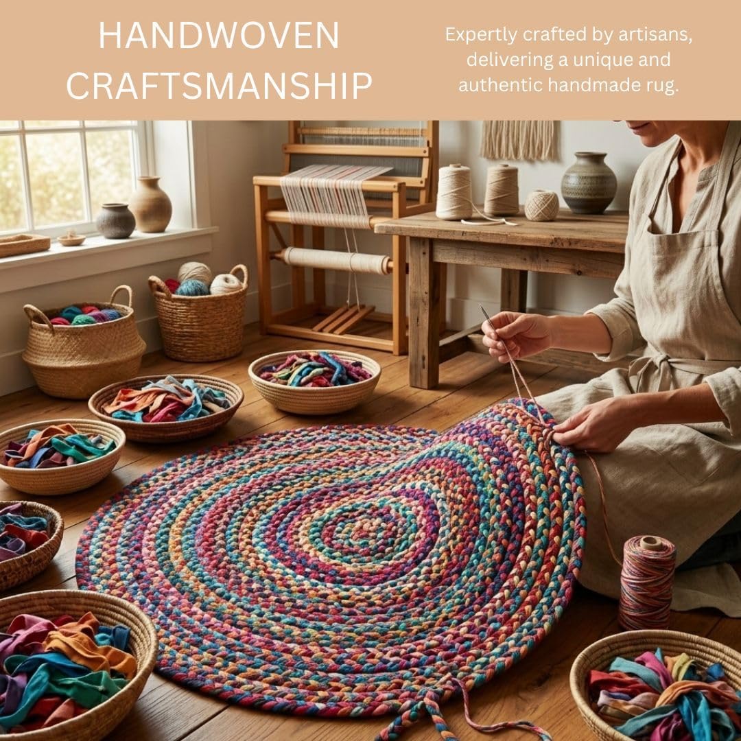 WeWove Hand Woven Area Rug 8 Feet Round - Cotton Area Rug Rustic Farmhouse Boho Accent Rug for Living Room Bedroom Kitchen Dorm Entryway Hallway - for High Traffic Areas Handcrafted Floor Rug