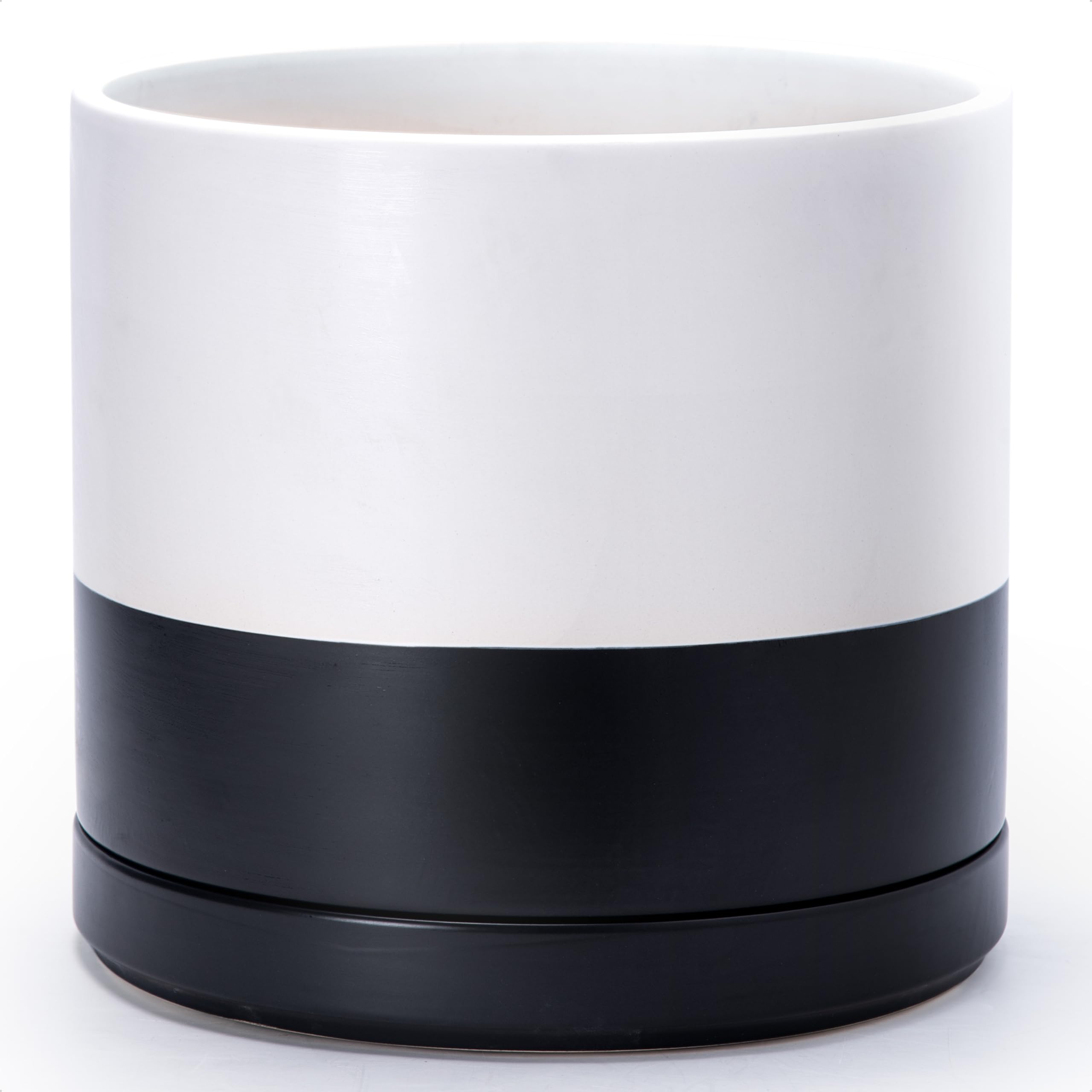 D'vine Dev 10 Inch Ceramic Planter Pot with Drainage Hole and Saucer, Indoor Cylinder Round Planter Pot, White, 94-O-E-1