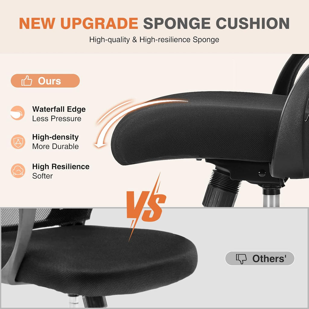 Sweetcrispy Office Computer Desk Chair, Ergonomic Mid-Back Mesh Rolling Work Swivel Task Chairs with Wheels, Comfortable Lumbar Support, Comfy Flip-up Arms for Home, Bedroom, Study, Student, Black