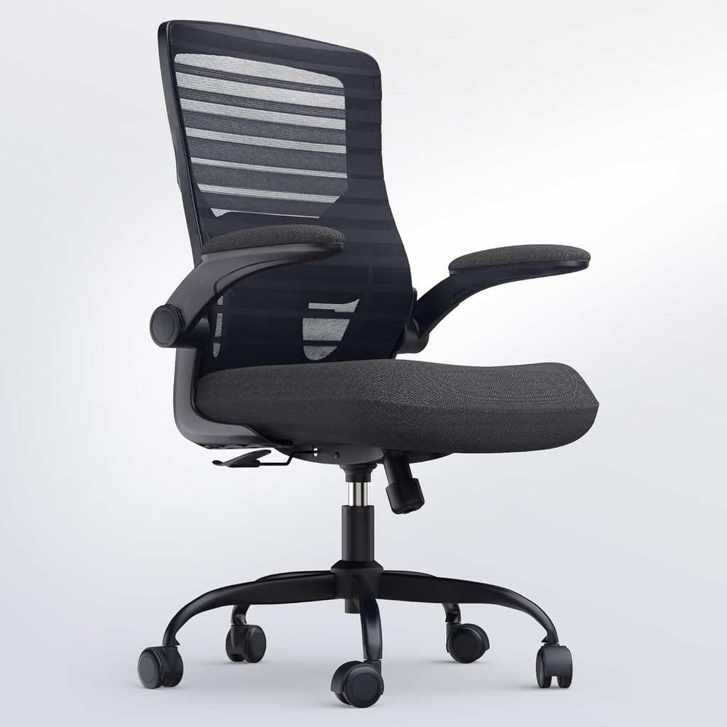 Office Desk Chair for Long Hours & Lower Back Pain Relief – 4“ Thick Molded Foam Cushion, Enhanced Lumbar Support, Padded Flip-up Armrests, Ideal for Office or Study, Black