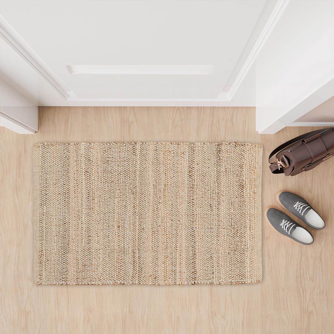 HOMEMONDE Jute Cotton Door Mat Hand Woven Rug 2 x 3 ft - Rectangle Natural Fiber Farmhouse Style Braided Rug for Entryway, Bedroom, Living Room, Hallway