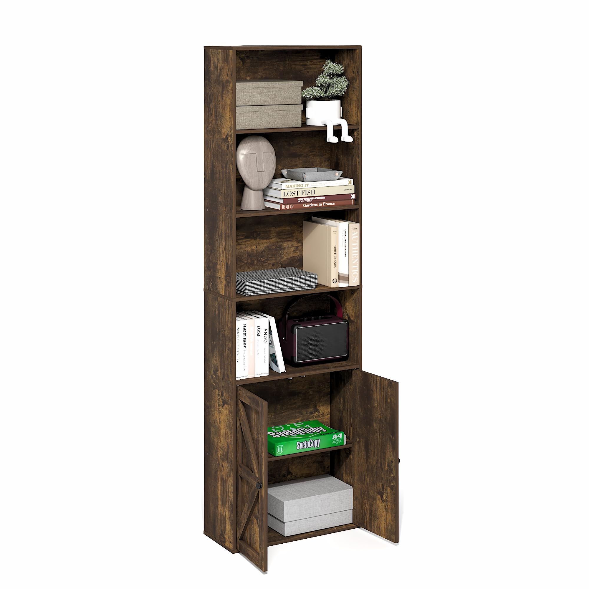 Furinno JAYA Book Shelf, 5-Tier Bookshelf, Bookcase with Adjustable Shelves, 9.5" x 24.5" x 71.2", for Organization and Storage, for Living Room, Bedroom, Home Office, Amber Pine