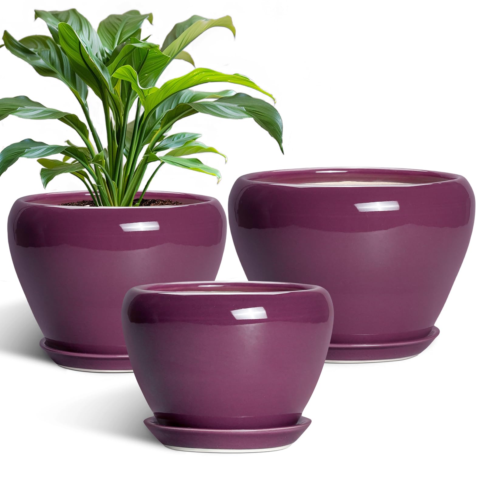 Ceramic Plant Pots Indoor, 10 Inch 8 Inch 6 Inch Round Planters Pots for Indoor Outdoor Plants, Modern Large Flower Pots with Drainage Holes and Saucers, Set of 3, Blue
