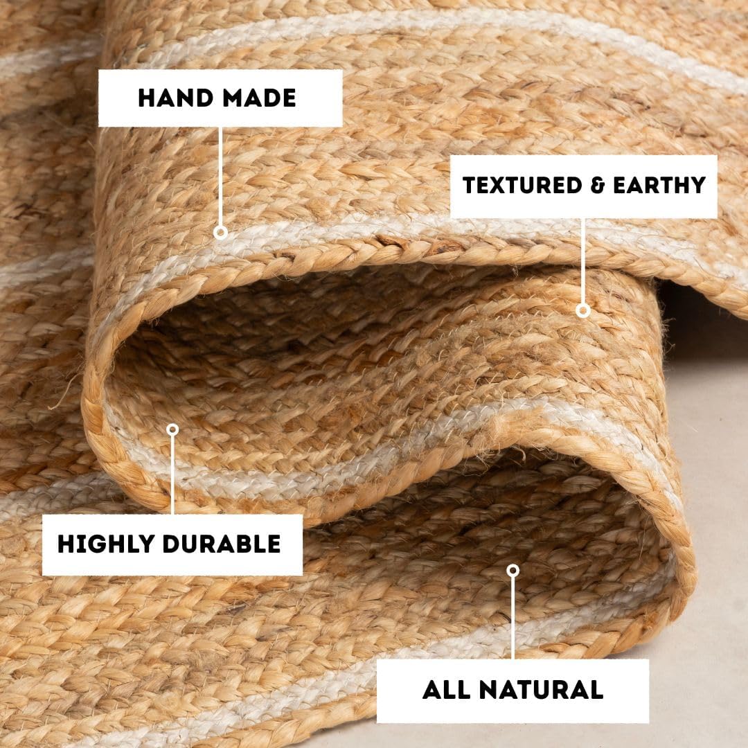 HOMEMONDE Natural Braided Jute Area Rug 4x6 ft - Off White Stripe Eco Friendly Premium Fiber - Hand Woven Rustic Vintage Reversible Carpet Rugs for Bedroom, Kitchen, Living Room and Dining Room