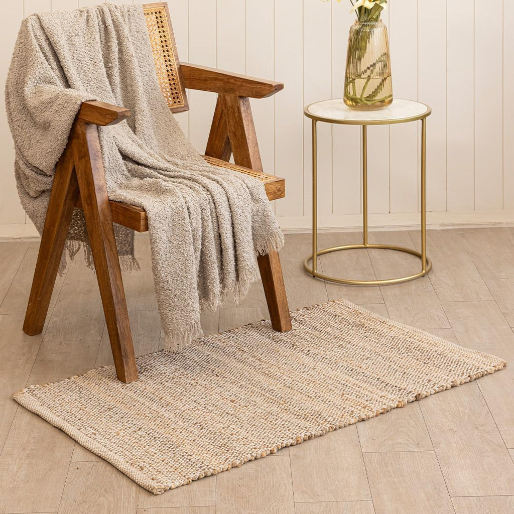 HOMEMONDE Jute Cotton Door Mat Hand Woven Rug 2 x 3 ft - Rectangle Natural Fiber Farmhouse Style Braided Rug for Entryway, Bedroom, Living Room, Hallway
