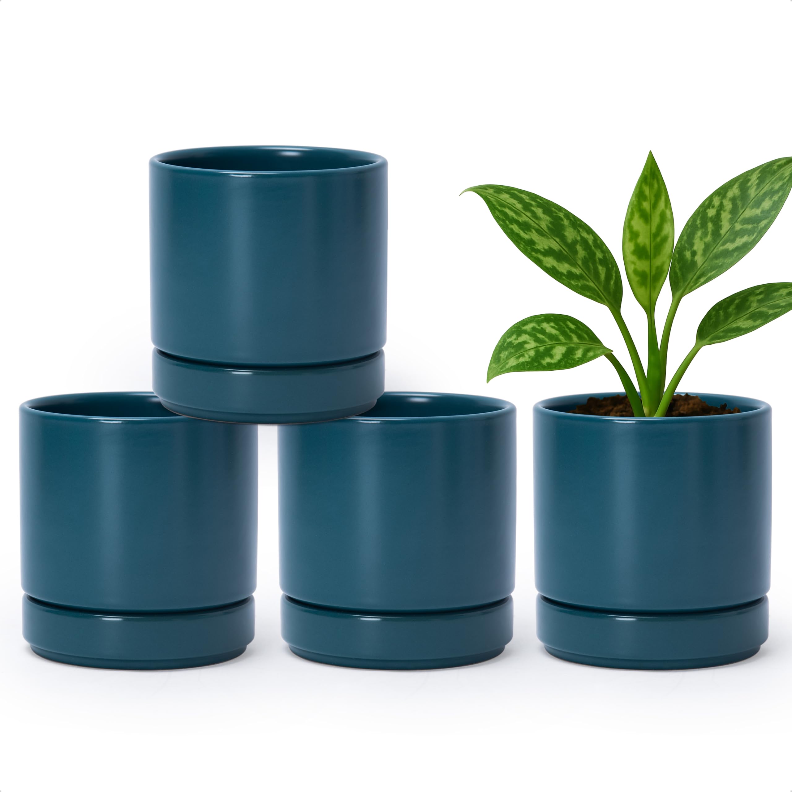 D'vine Dev Set of 4 Small Ceramic Plant Pots, 4.7 Inch Succulent Planter Pot for Plants with Drainage Hole and Saucer, White, 94-X-B-1