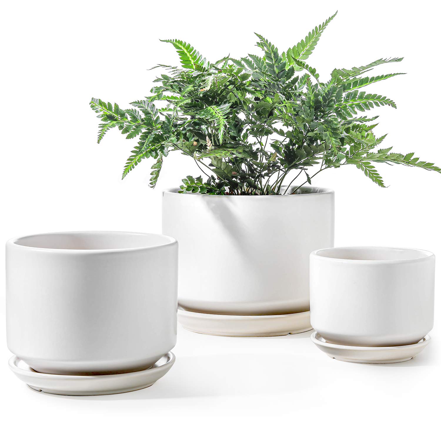 LE TAUCI Ceramic Plant Pots, 4.3+5.3+6.8 inch, Set of 3, Planters with Drainage Hole and Saucer, Indoor Flower Pot with Hole Mesh Pad, Gifts for Mom, Reactive Glaze Beige