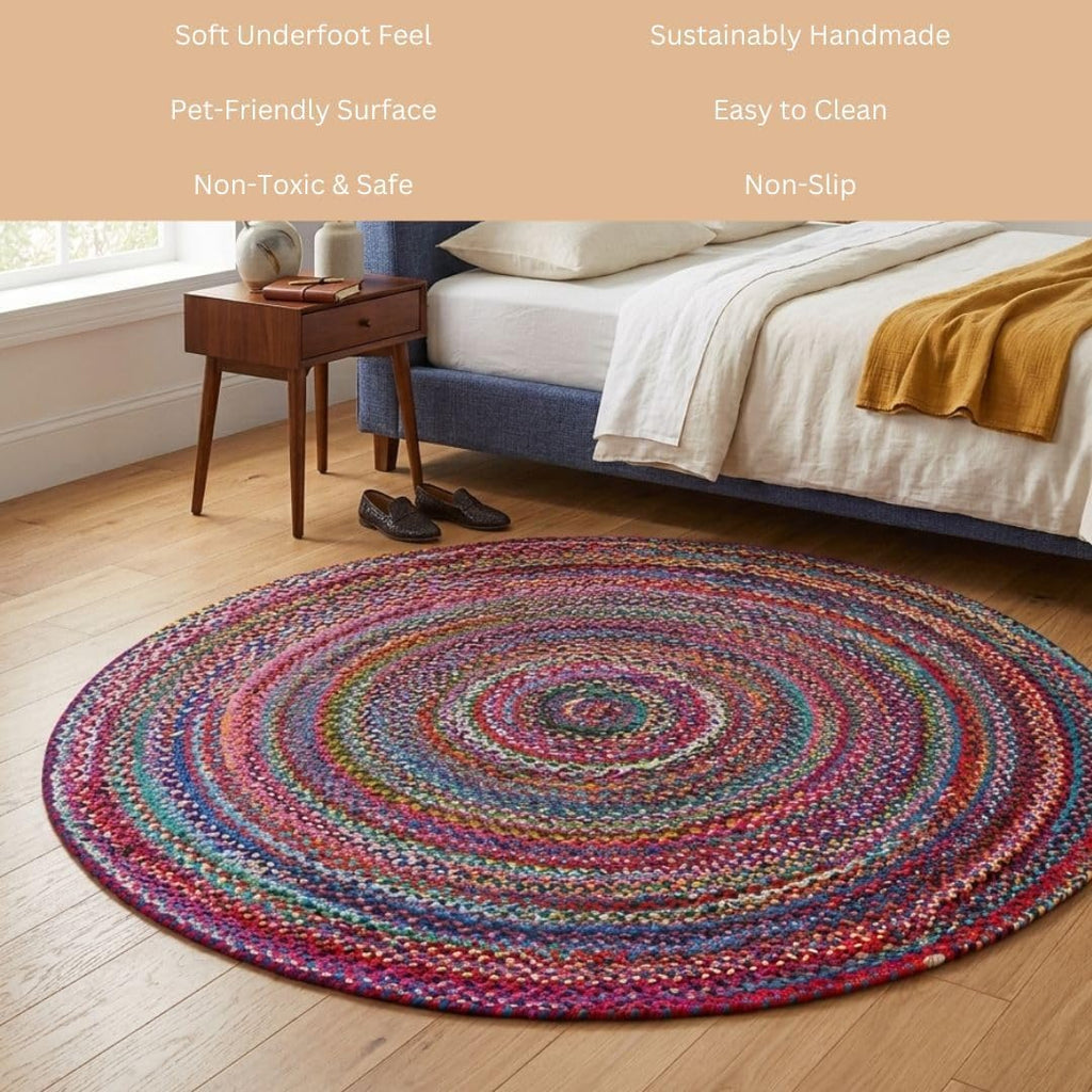 WeWove Hand Woven Area Rug 8 Feet Round - Cotton Area Rug Rustic Farmhouse Boho Accent Rug for Living Room Bedroom Kitchen Dorm Entryway Hallway - for High Traffic Areas Handcrafted Floor Rug