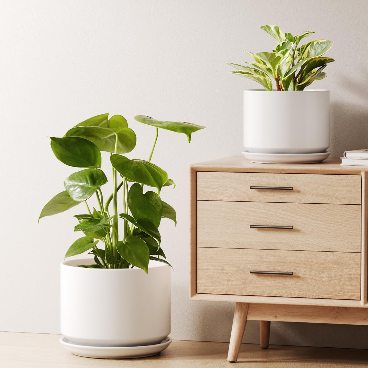 LE TAUCI 12 Inch Pots for Plants, Ceramic Plant Pots with Drainage Holes and Saucers, Elegant and Durable Large Plant Pot, Perfect for Home & Office Decor, White
