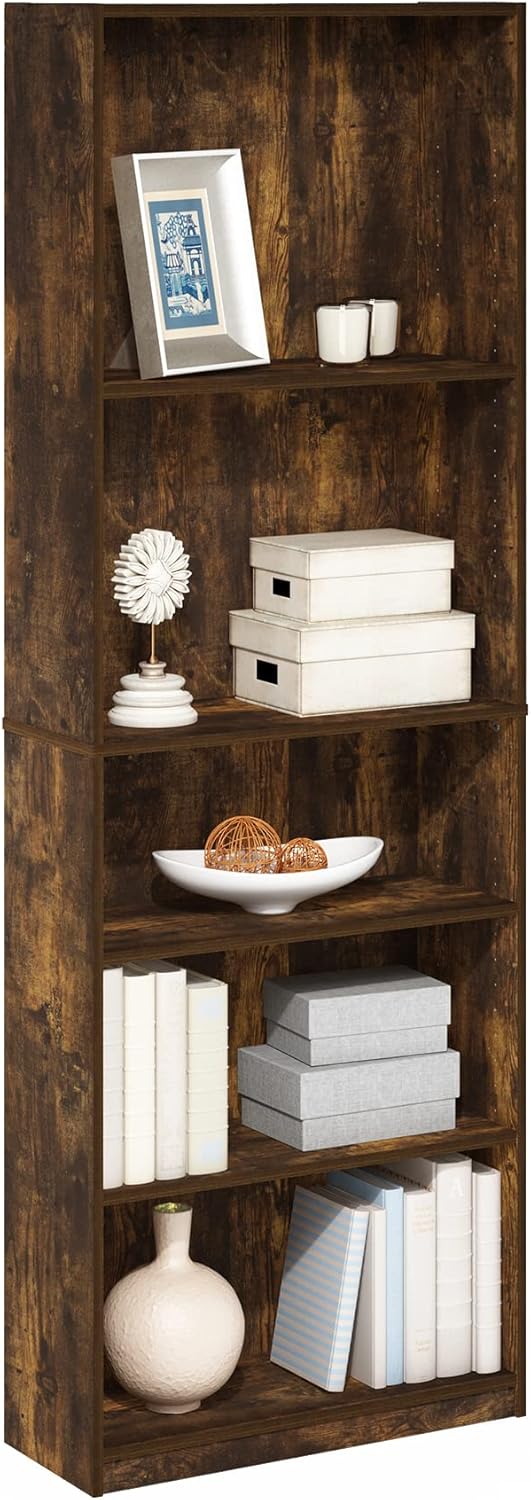 Furinno JAYA Book Shelf, 5-Tier Bookshelf, Bookcase with Adjustable Shelves, 9.5" x 24.5" x 71.2", for Organization and Storage, for Living Room, Bedroom, Home Office, Amber Pine