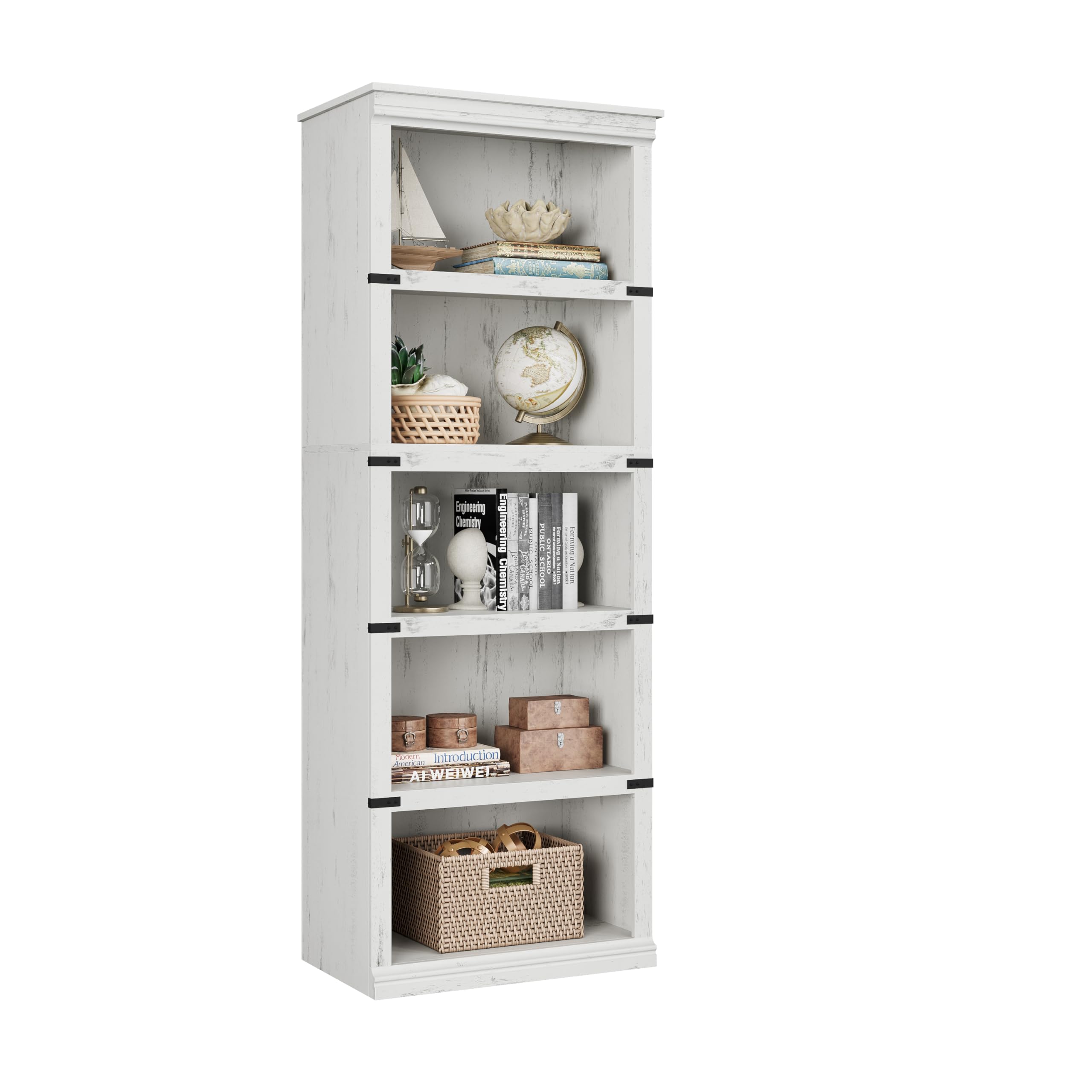 IDEALHOUSE 5 Tier Bookcase, Farmhouse Book Shelf with Storage Open Display Bookshelves, 67.4" Tall Book Case Wooden 5 Shelf Bookcase Home Decor Furniture for Home Office, Living Room- Reddish Brown