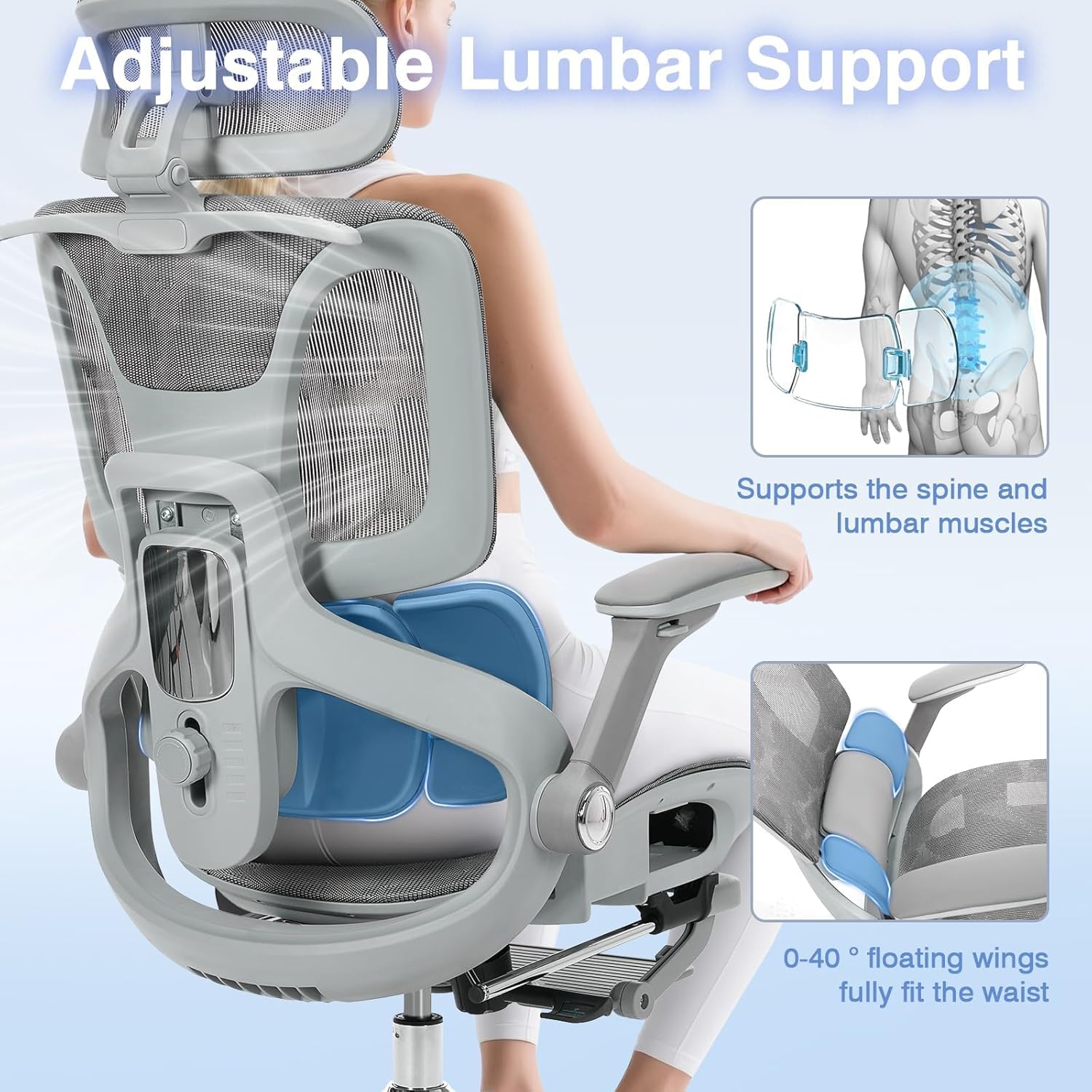 Ergonomic Mesh Office Chair with Footrest, High Back Desk Chair with 4D Armrests, 3-Zone Dynamic Lumbar Support, Ergonomic Office Chair with Wheels (Silver Gray)