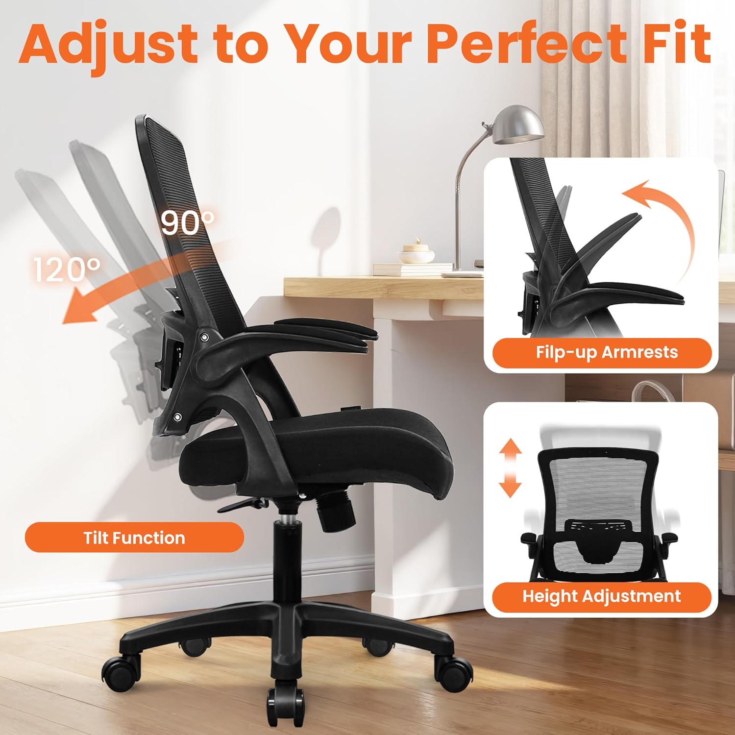 NEO CHAIR Office Desk Gaming Chair Computer High Back Mesh Seat with Rolling Wheels Ergonomic Adjustable Comfy Flip-up Armrests Lumbar Support Height for Home (Black)