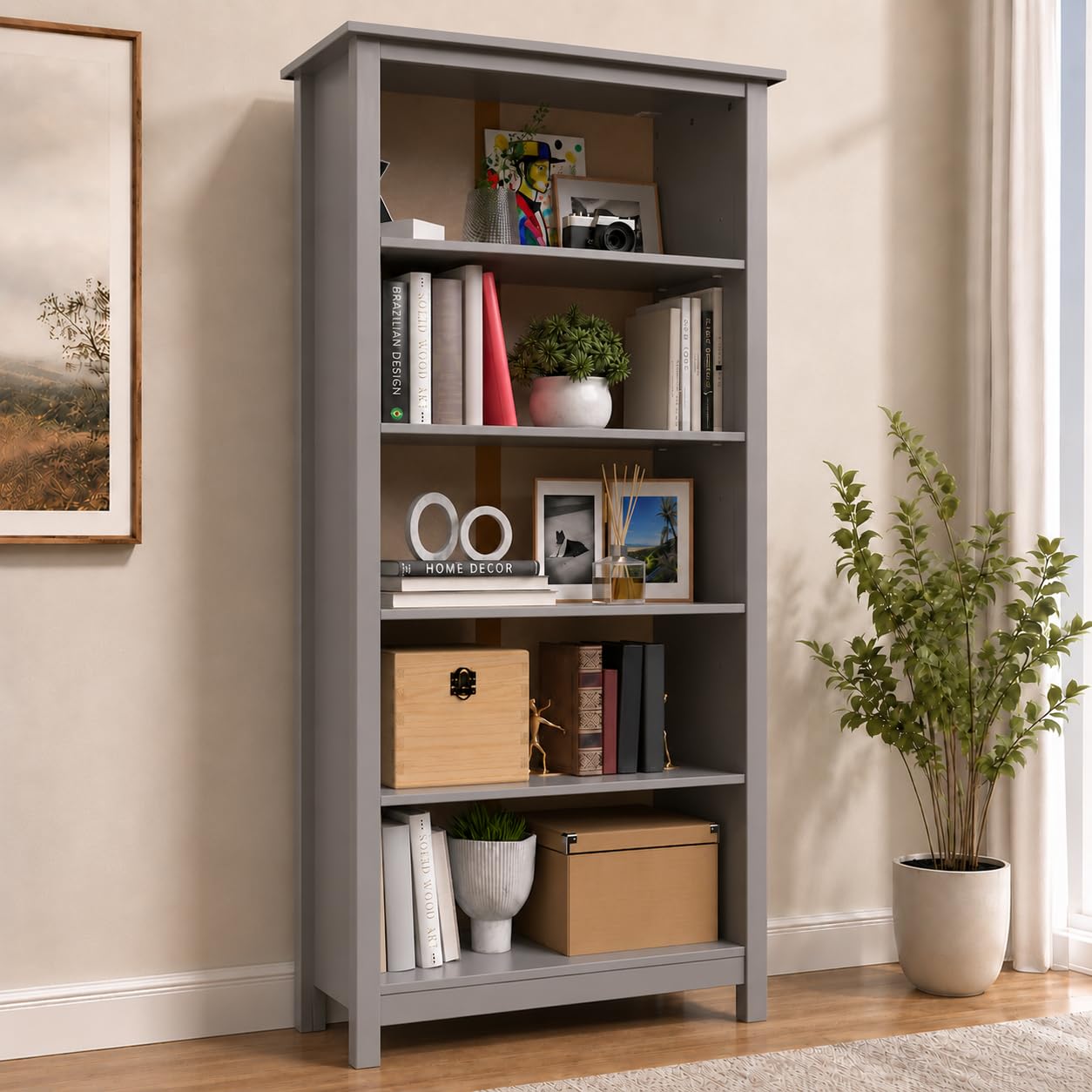From the Tree Furniture 63" Solid Pine Shaker Bookcase — Narrow 14" Depth with 4 Adjustable Shelves — Holds 50 lbs Per Shelf — Anti-Tip Anchor Included — Real Wood Bookshelf for Home, Office & Kids