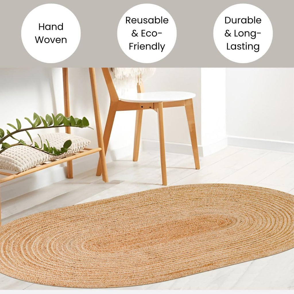 Hand Woven Braided Jute Area Rug 4x6 Feet Oval - Rustic Farmhouse Boho Accent Rug for Living Room Bedroom Kitchen Entryway Floor Mats - Ideal for High Traffic Areas 100% Natural Jute