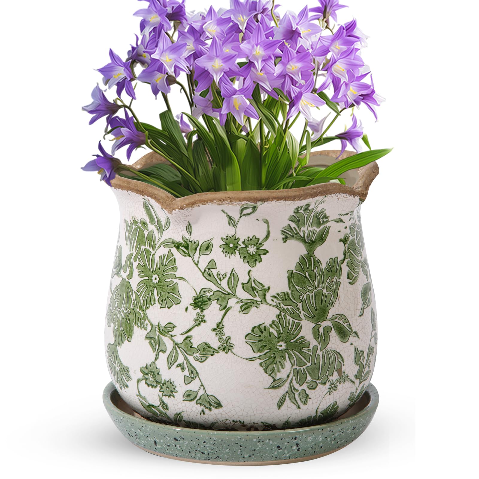 Ceramic-Planters-for-Indoor-Plants with Saucer, 6 inch Vintage Ice Crack Glaze Plant Pots with Drainage Holes, Decorative Flower Pots for Outdoor Garden Home Decor, Tuscan Pot for Plant