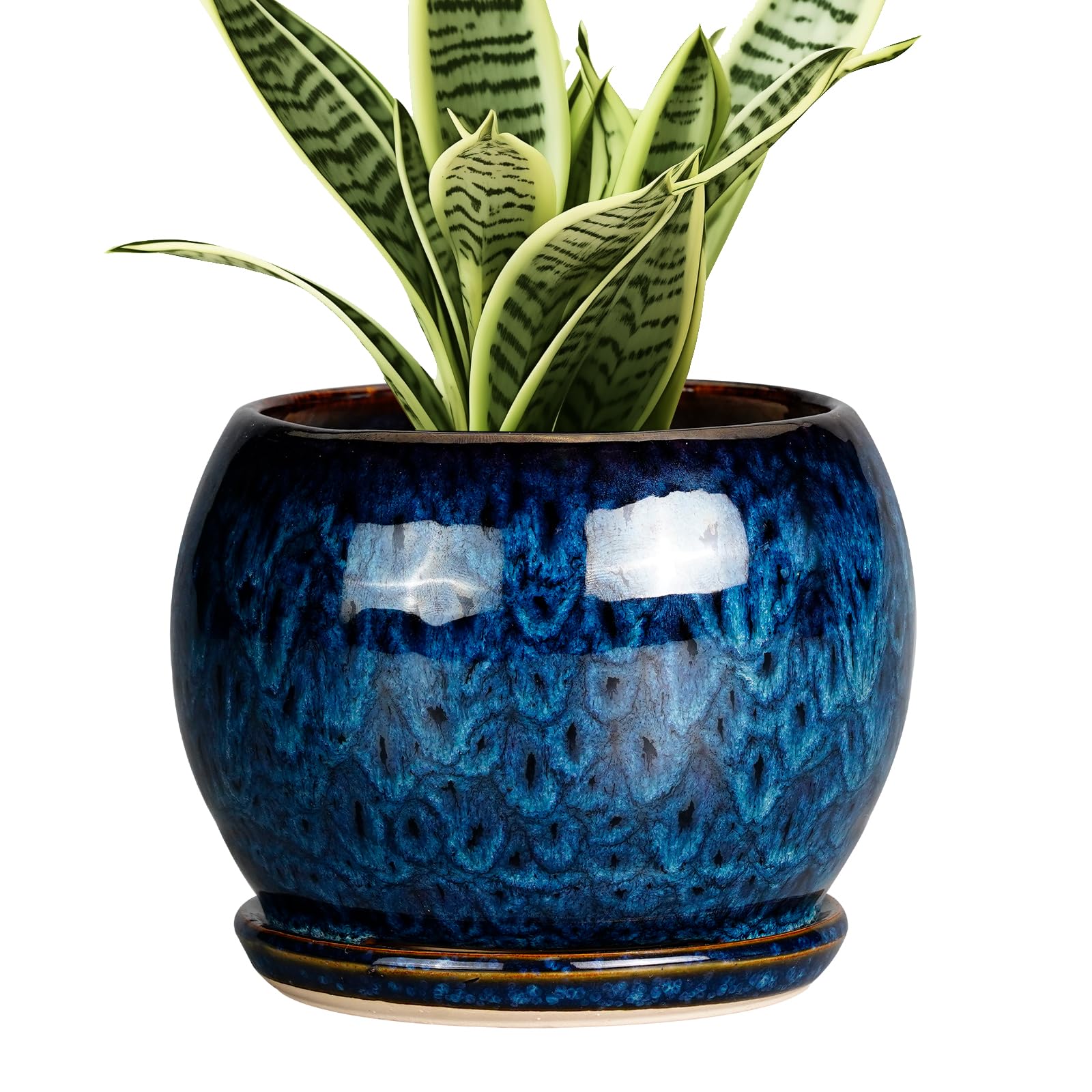 SQOWL Ceramic Planter 8 Inch - Pot for Indoor Outdoor Plants Round Ceramic Plant Pot with Drainage Hole and Saucer Modern Flower Pot Glazed Blue