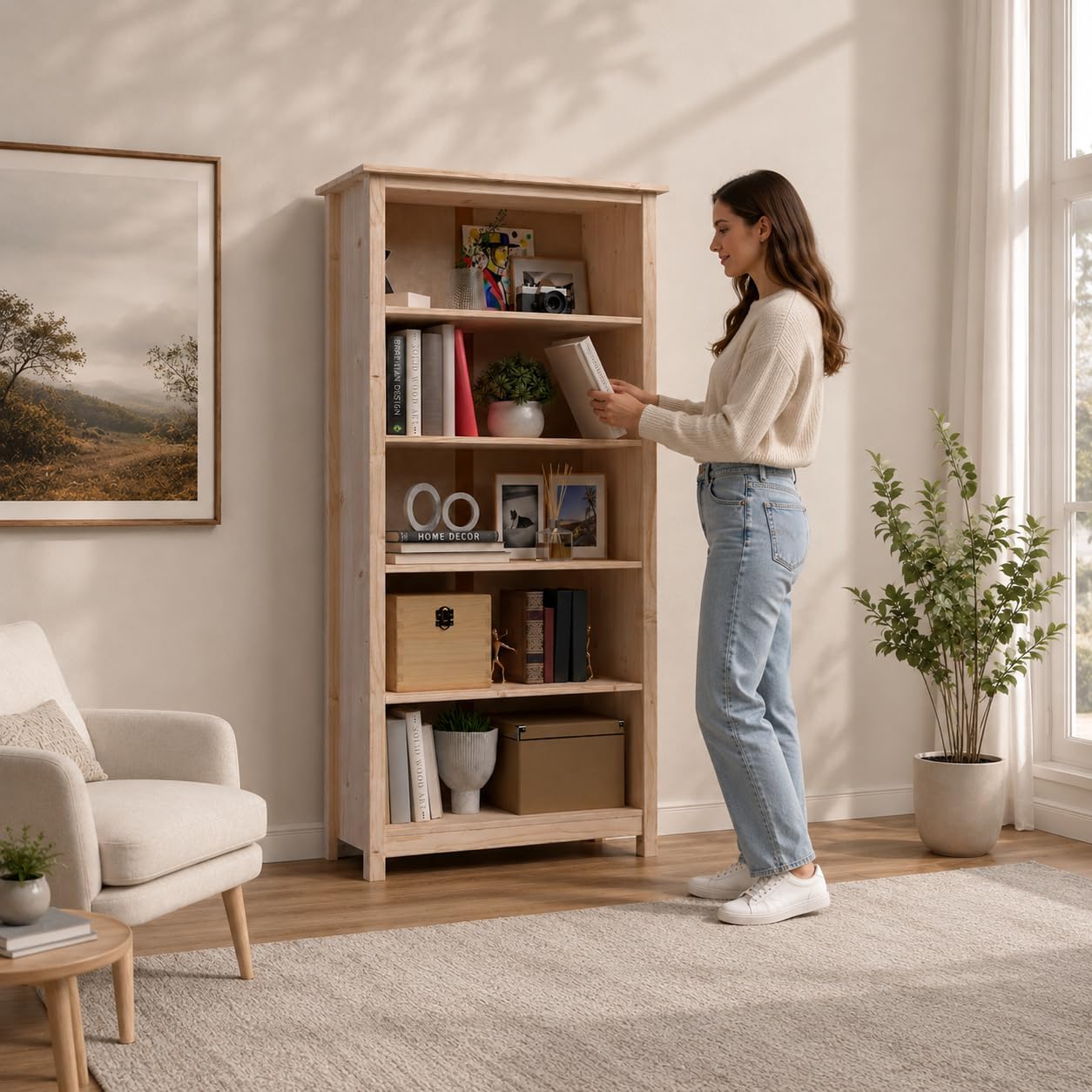 From the Tree Furniture 63" Solid Pine Shaker Bookcase — Narrow 14" Depth with 4 Adjustable Shelves — Holds 50 lbs Per Shelf — Anti-Tip Anchor Included — Real Wood Bookshelf for Home, Office & Kids
