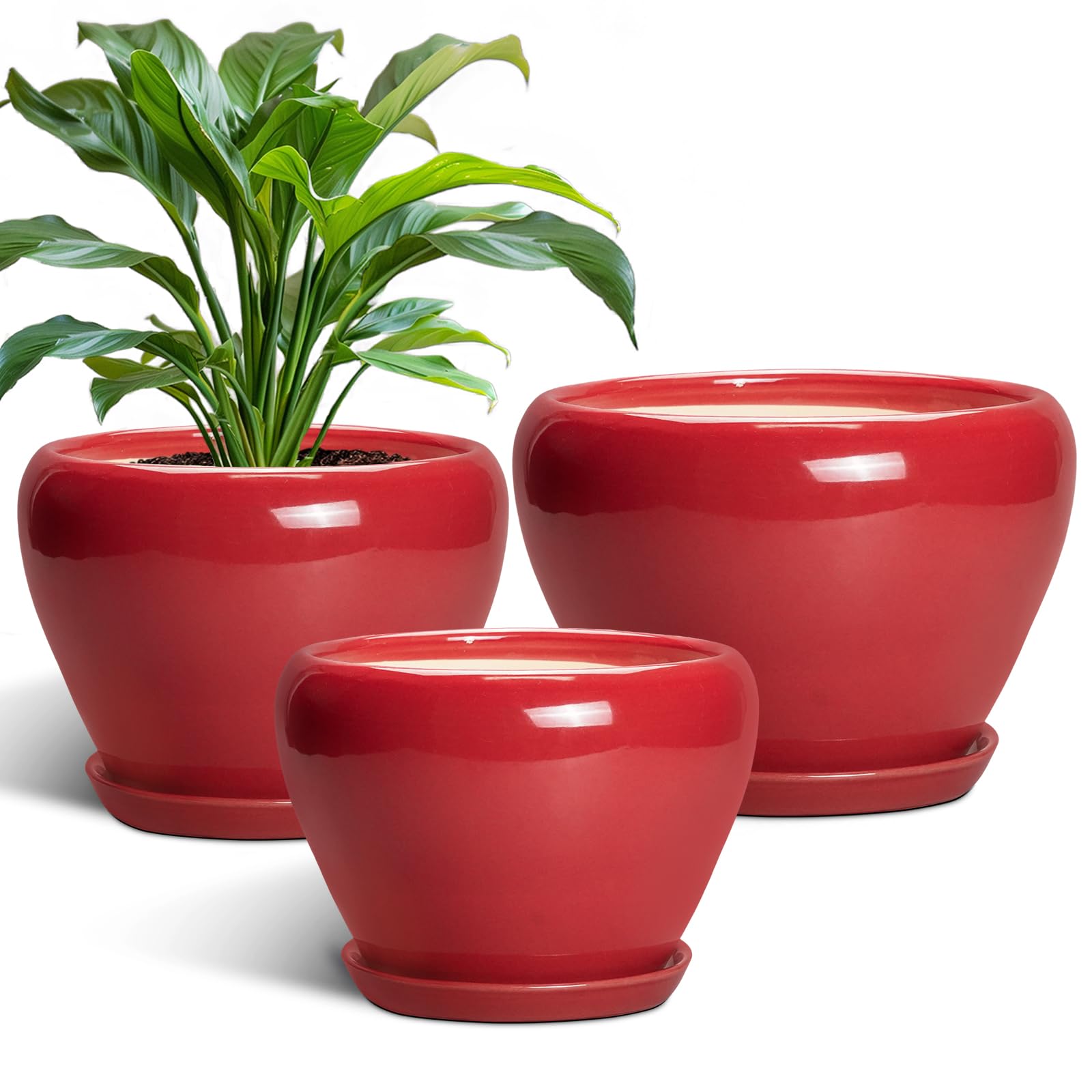 Ceramic Plant Pots Indoor, 10 Inch 8 Inch 6 Inch Round Planters Pots for Indoor Outdoor Plants, Modern Large Flower Pots with Drainage Holes and Saucers, Set of 3, Blue