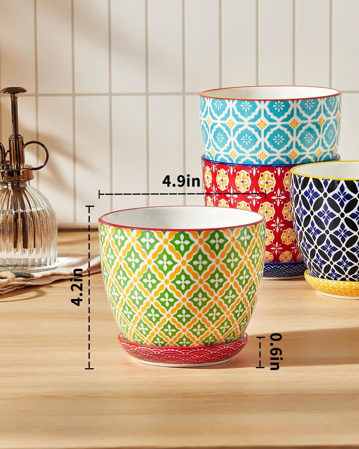 Metahom Ceramic Plant Pots, 4.9 Inch Flower Pots with Drainage Hole & Saucer, Colorful Planter Pots for Houseplants, Succulent, Catus, Home Decor, Set of 4, Vibrant Colors