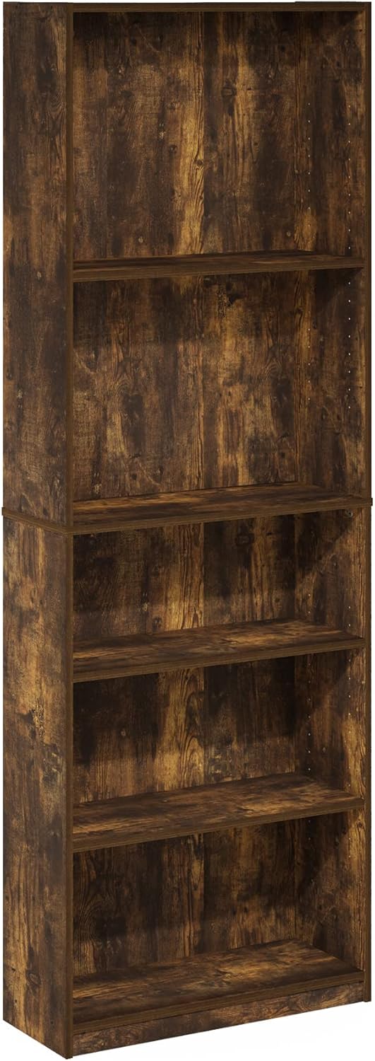 Furinno JAYA Book Shelf, 5-Tier Bookshelf, Bookcase with Adjustable Shelves, 9.5" x 24.5" x 71.2", for Organization and Storage, for Living Room, Bedroom, Home Office, Amber Pine