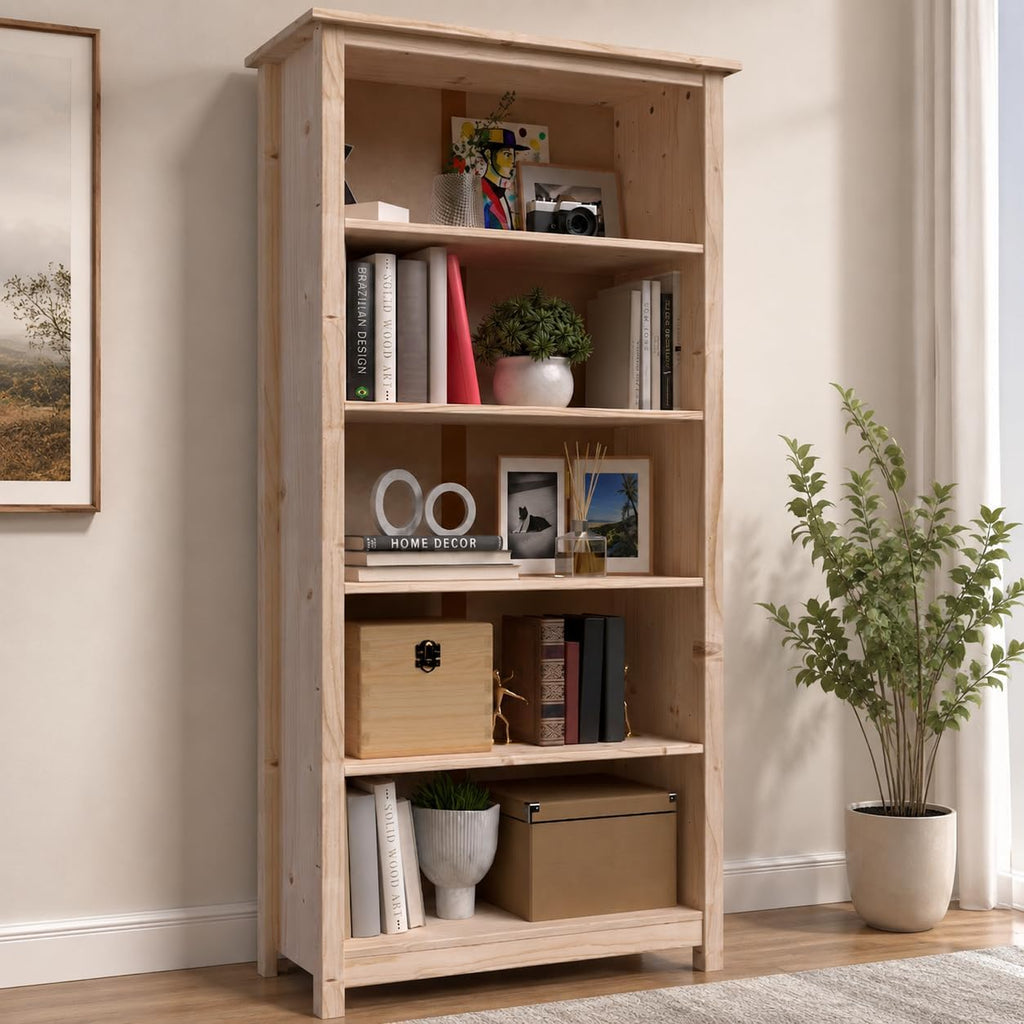 From the Tree Furniture 63" Solid Pine Shaker Bookcase — Narrow 14" Depth with 4 Adjustable Shelves — Holds 50 lbs Per Shelf — Anti-Tip Anchor Included — Real Wood Bookshelf for Home, Office & Kids
