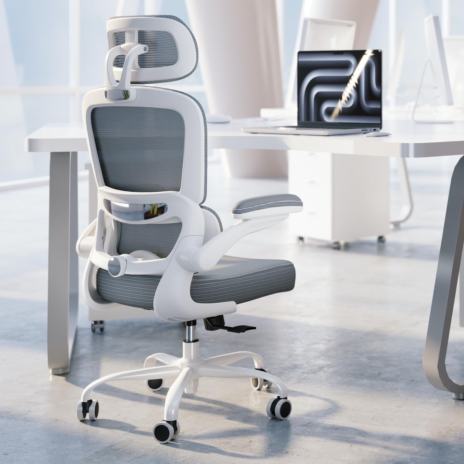 TRALT Ergonomic Office Chair - Desk Chair with Adjustable Headrest Lumbar Support Computer Chair - Mesh Comfy Chair with Flip-up Armrests - Gaming Chairs for Adults Home Office (Leather, Black)