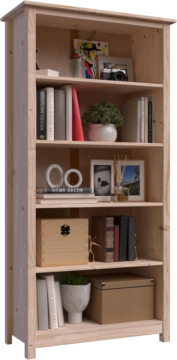 From the Tree Furniture 63" Solid Pine Shaker Bookcase — Narrow 14" Depth with 4 Adjustable Shelves — Holds 50 lbs Per Shelf — Anti-Tip Anchor Included — Real Wood Bookshelf for Home, Office & Kids