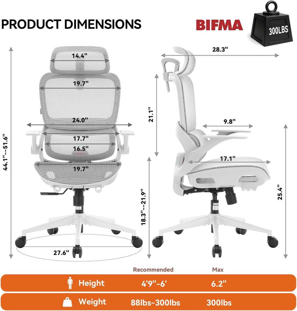 SIHOO B100 Office Chair, Comfy Ergonomic Office Chair, High Back Computer Chair with Adaptive Lumbar Support & Wide Headrest, Flip-up Armrests, Swivel Desk Chair for Long Hours, Grey