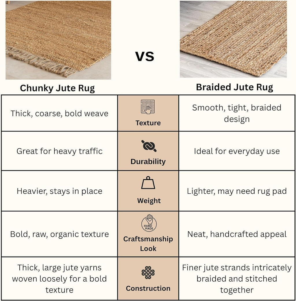 HOMEMONDE Chunky Braided Jute Area Rug 6x9 ft Rectangle Boho Home Décor Indoor Rug - Natural Handcrafted Farmhouse Style Rug for Bedroom, Living Room, Dining Room Kitchen, and Hallway