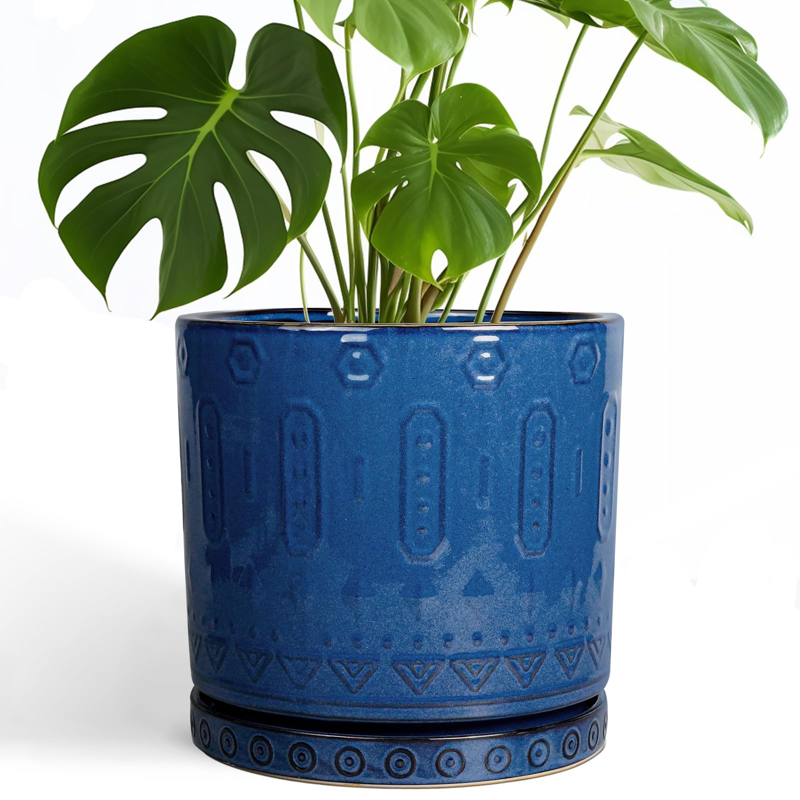 Eightpot 12 Inch Pot for Plants - Ceramic Planter for Indoor Plants Large Plant Pot with Drainage Holes and Saucer Outdoor Flower Pot Decorative Round Planter for Porch Office Decor Blue