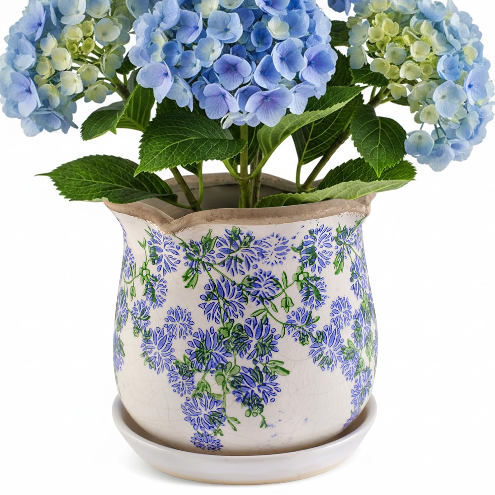 Ceramic-Planters-for-Indoor-Plants with Saucer, 6 inch Vintage Ice Crack Glaze Plant Pots with Drainage Holes, Decorative Flower Pots for Outdoor Garden Home Decor, Tuscan Pot for Plant