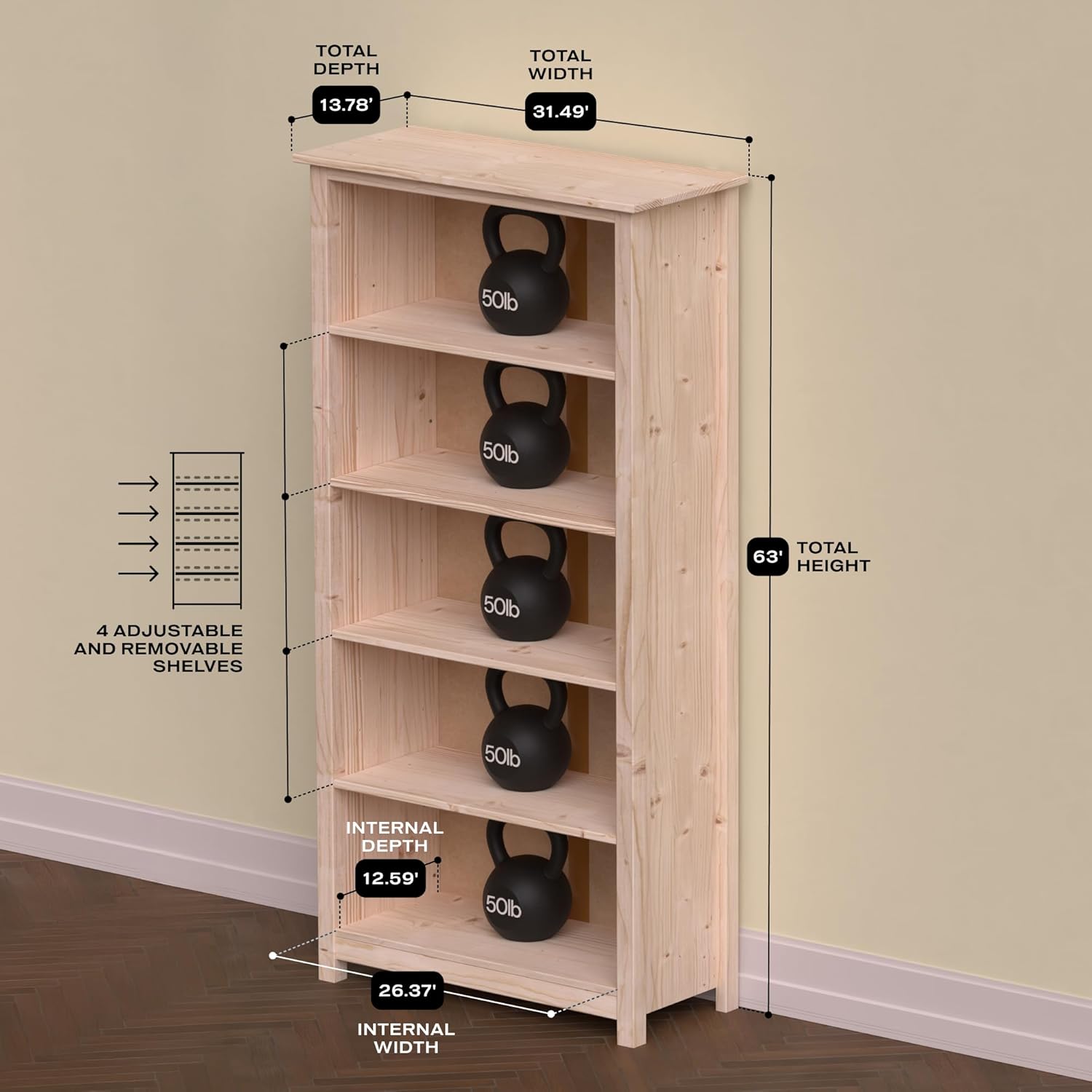 From the Tree Furniture 63" Solid Pine Shaker Bookcase — Narrow 14" Depth with 4 Adjustable Shelves — Holds 50 lbs Per Shelf — Anti-Tip Anchor Included — Real Wood Bookshelf for Home, Office & Kids