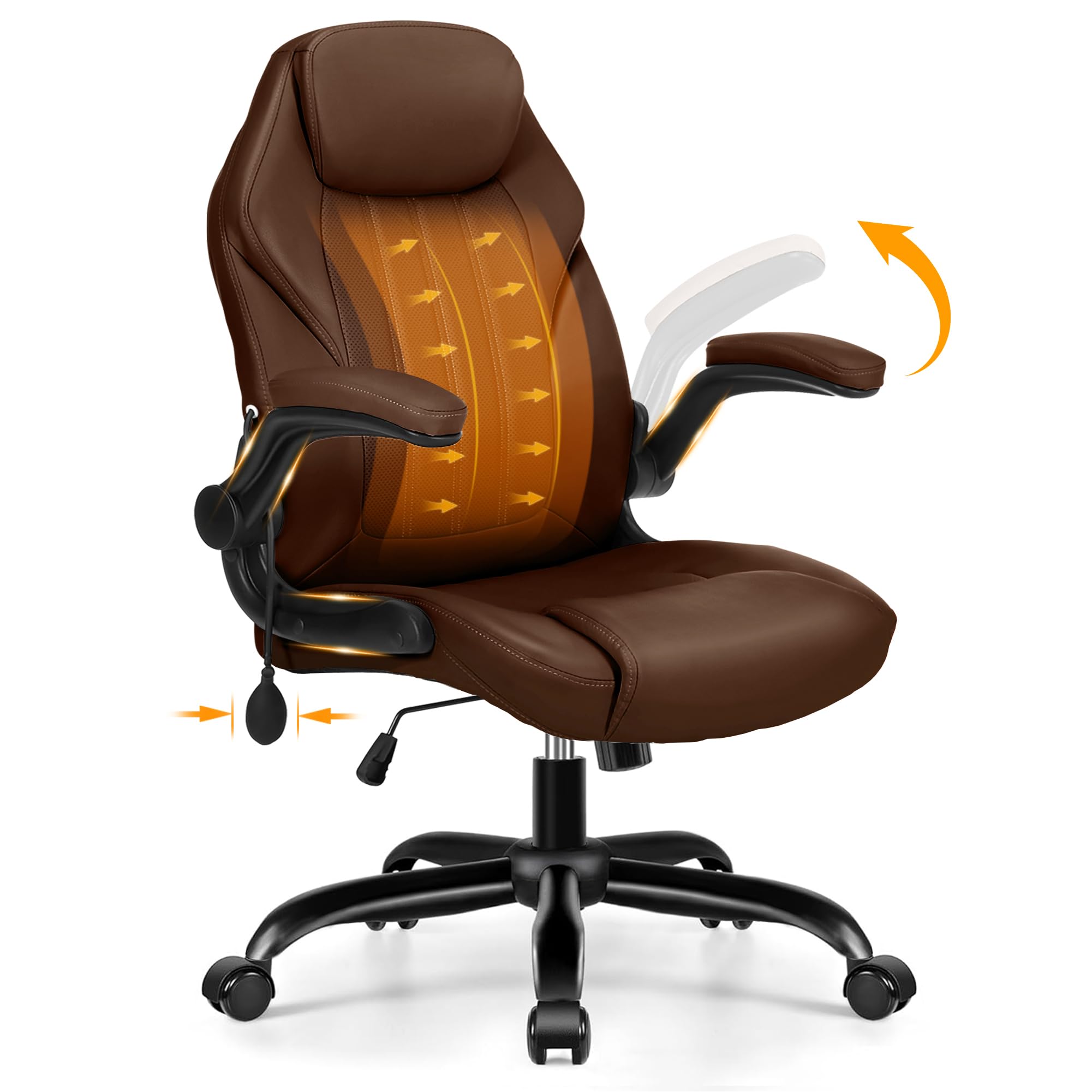 Ylzyxal Office Desk Chair, Ergonomic Computer Chair with Padded Flip-Up Arms and Adjustable Lumbar Support, PU Leather Executive Chair with Tilt Lock and 360° Swivel Rolling Wheels for Work, Study