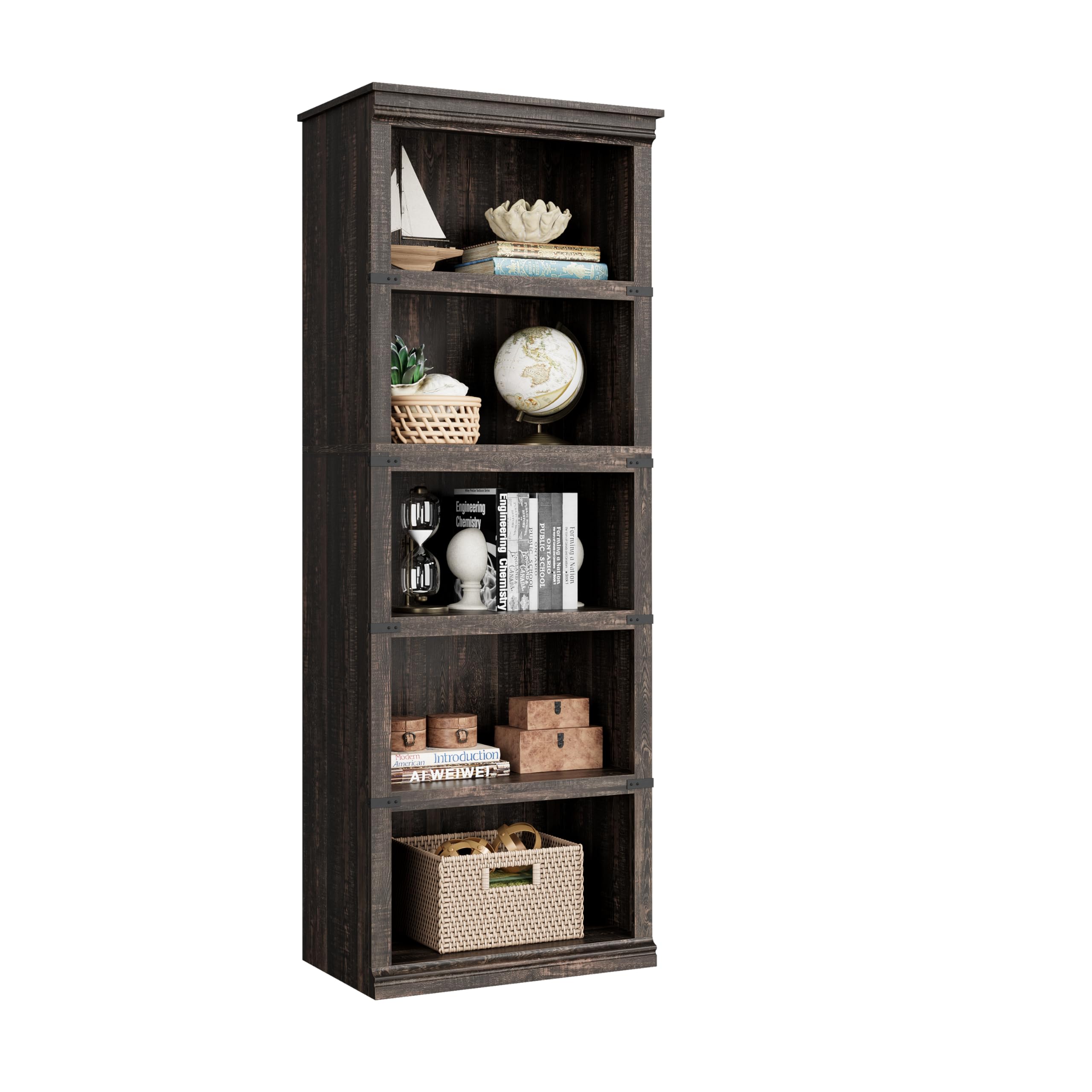 IDEALHOUSE 5 Tier Bookcase, Farmhouse Book Shelf with Storage Open Display Bookshelves, 67.4" Tall Book Case Wooden 5 Shelf Bookcase Home Decor Furniture for Home Office, Living Room- Reddish Brown