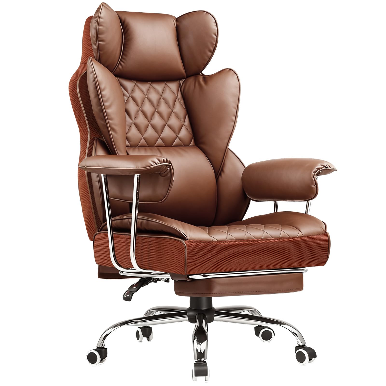 COMHOMA Big and Tall Office Chair, High Back Leather Gaming Chair with Footrest, Executive Ergonomic Office Chair with Pocket Spring Lumbar Support and with Outward Fixed Soft Armrests