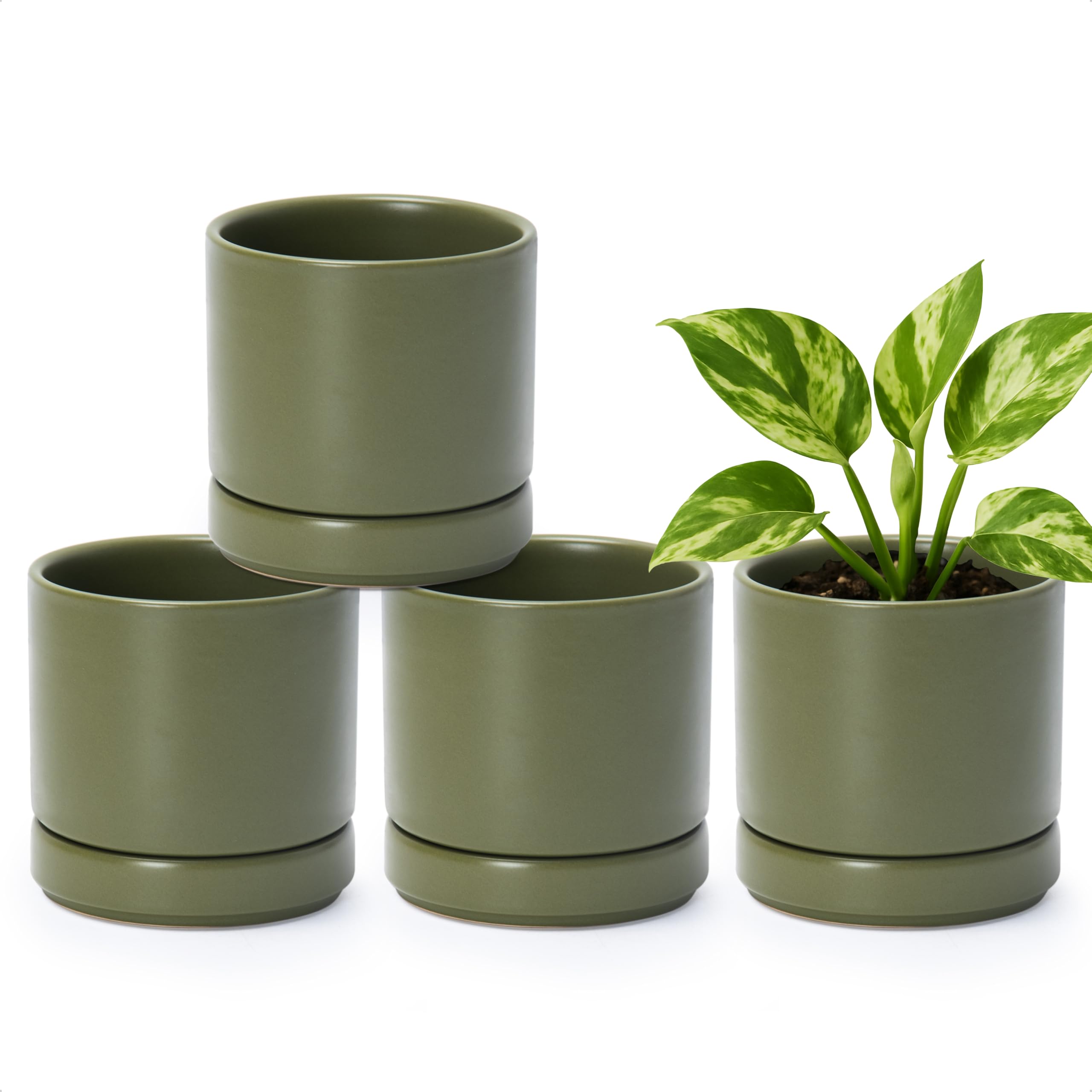 D'vine Dev Set of 4 Small Ceramic Plant Pots, 4.7 Inch Succulent Planter Pot for Plants with Drainage Hole and Saucer, White, 94-X-B-1