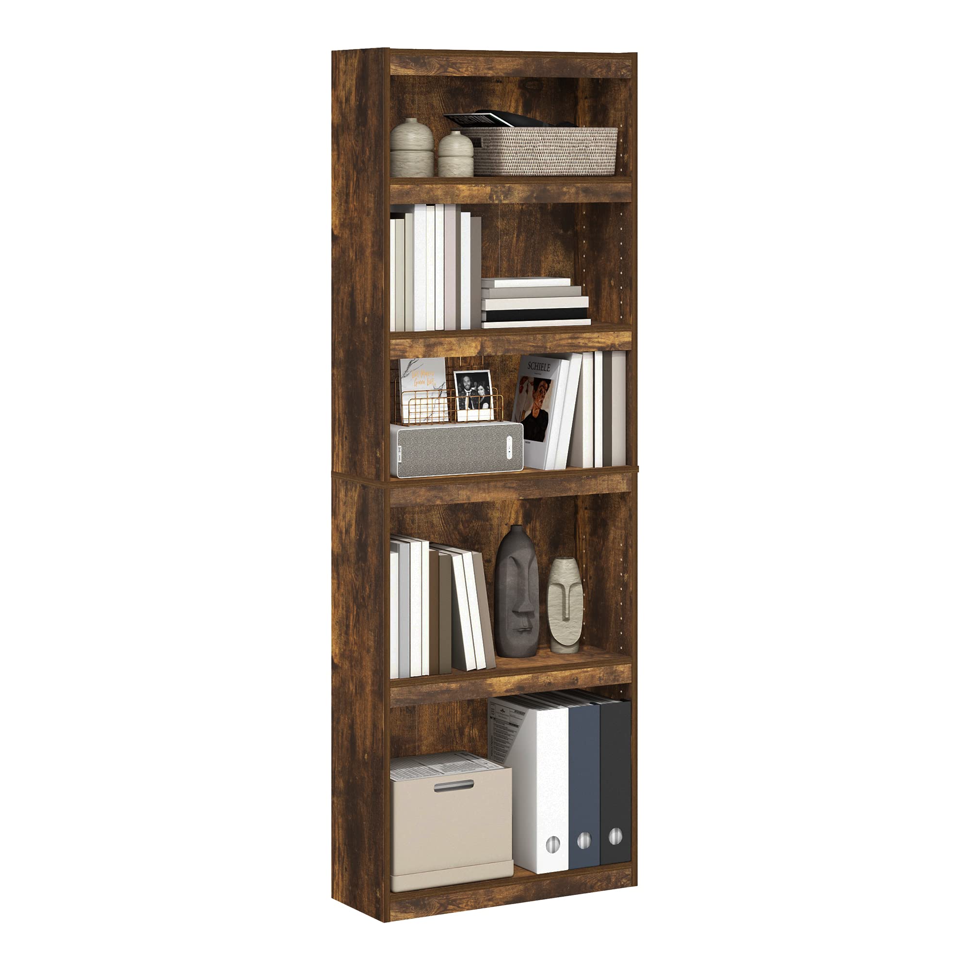 Furinno JAYA Book Shelf, 5-Tier Bookshelf, Bookcase with Adjustable Shelves, 9.5" x 24.5" x 71.2", for Organization and Storage, for Living Room, Bedroom, Home Office, Amber Pine