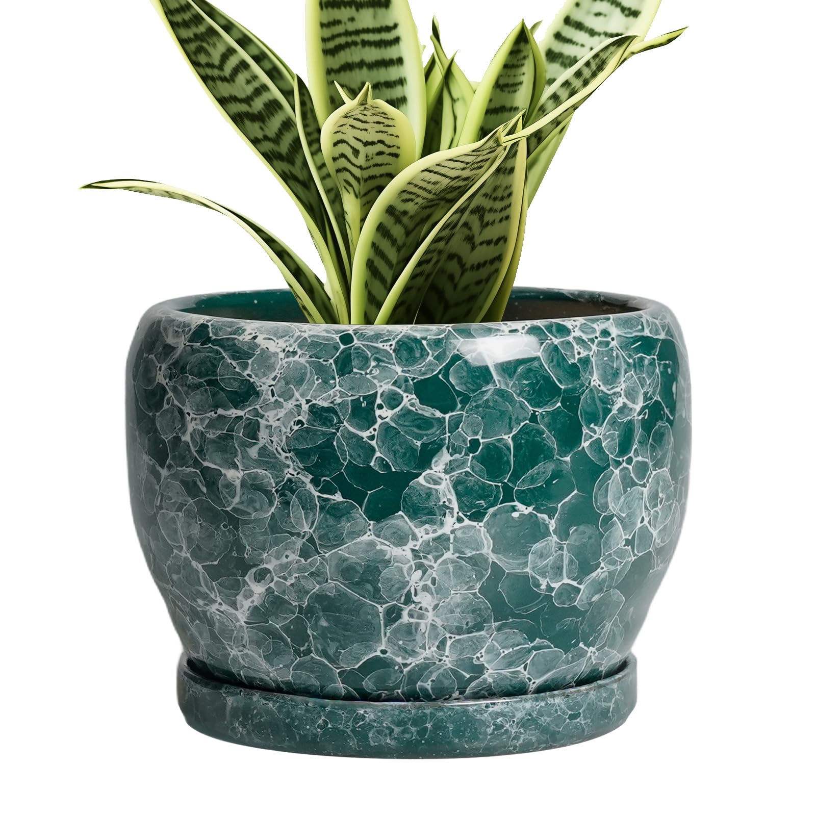 SQOWL Ceramic Planter 8 Inch - Pot for Indoor Outdoor Plants Round Ceramic Plant Pot with Drainage Hole and Saucer Modern Flower Pot Glazed Blue