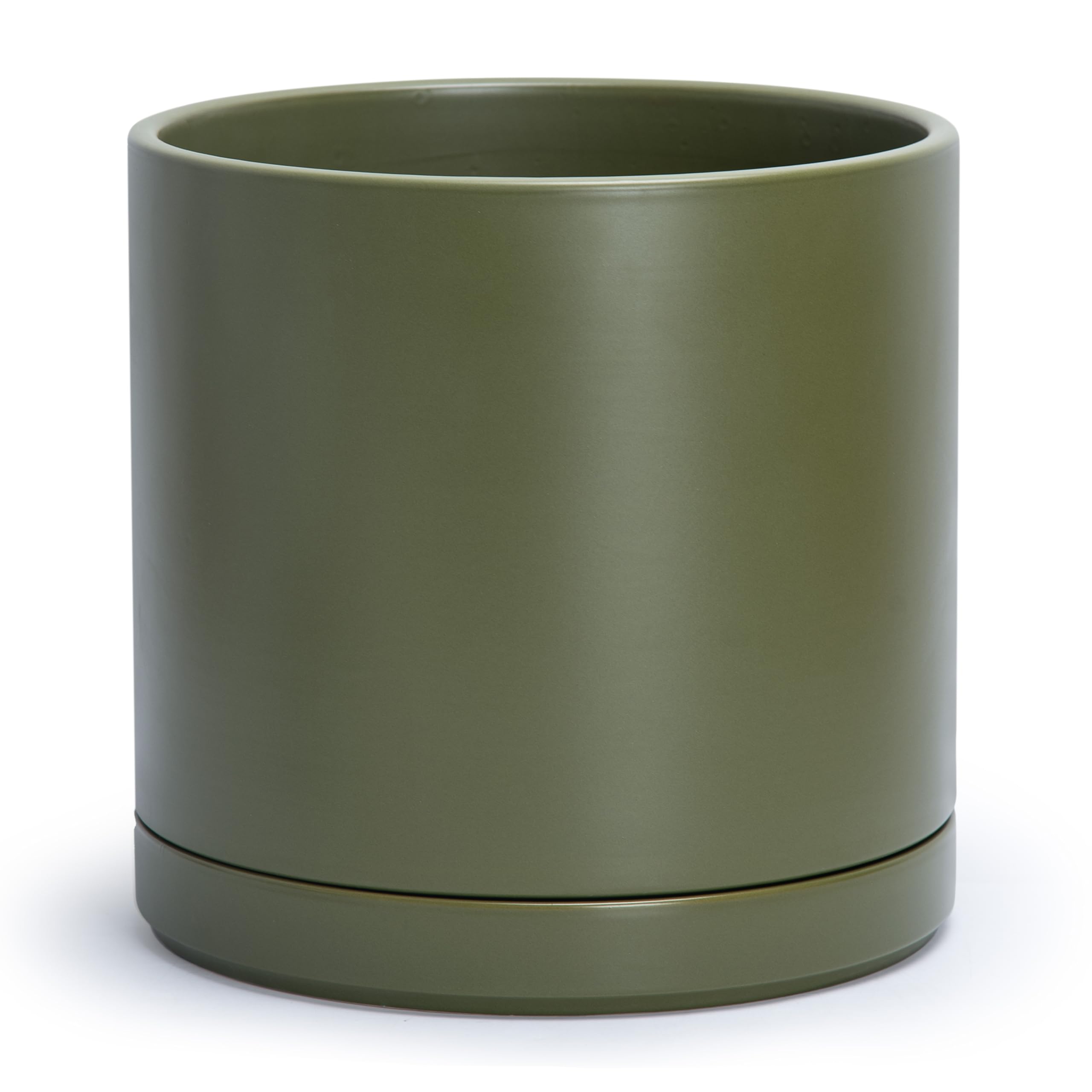 D'vine Dev 10 Inch Ceramic Planter Pot with Drainage Hole and Saucer, Indoor Cylinder Round Planter Pot, White, 94-O-E-1