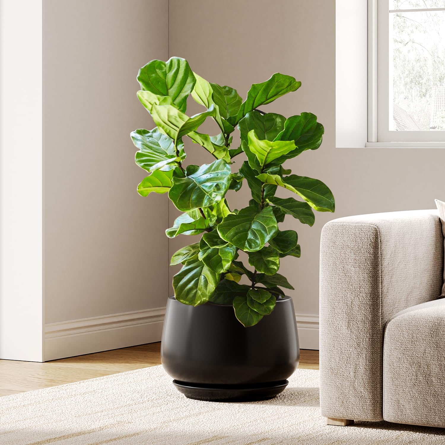 LE TAUCI Ceramic Planter, 10 Inch Plant Pot with Drainage Hole & Saucer – Durable Indoor Planter for Modern Home Decor, Reactive Glaze Beige