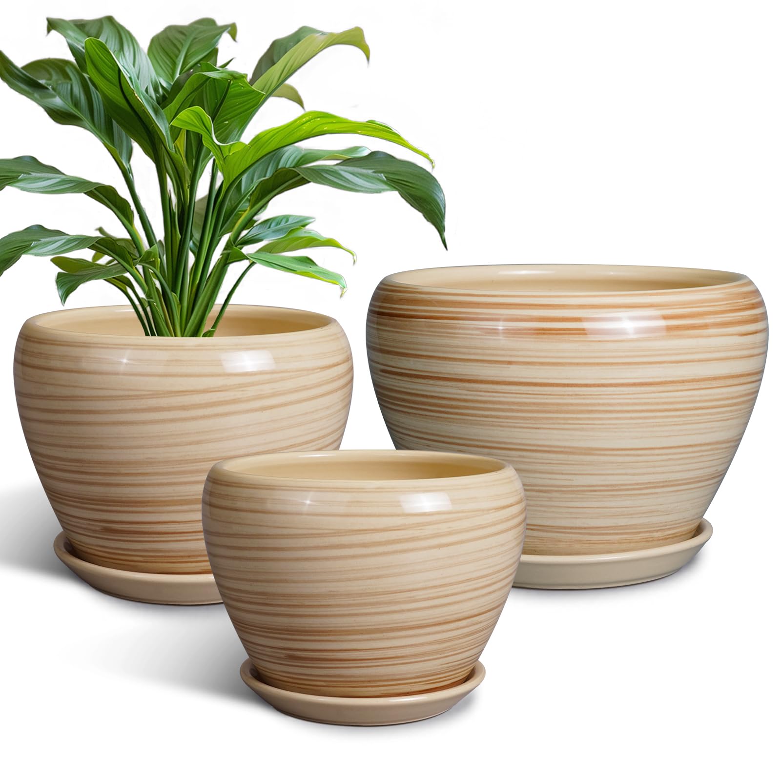 Ceramic Plant Pots Indoor, 10 Inch 8 Inch 6 Inch Round Planters Pots for Indoor Outdoor Plants, Modern Large Flower Pots with Drainage Holes and Saucers, Set of 3, Blue
