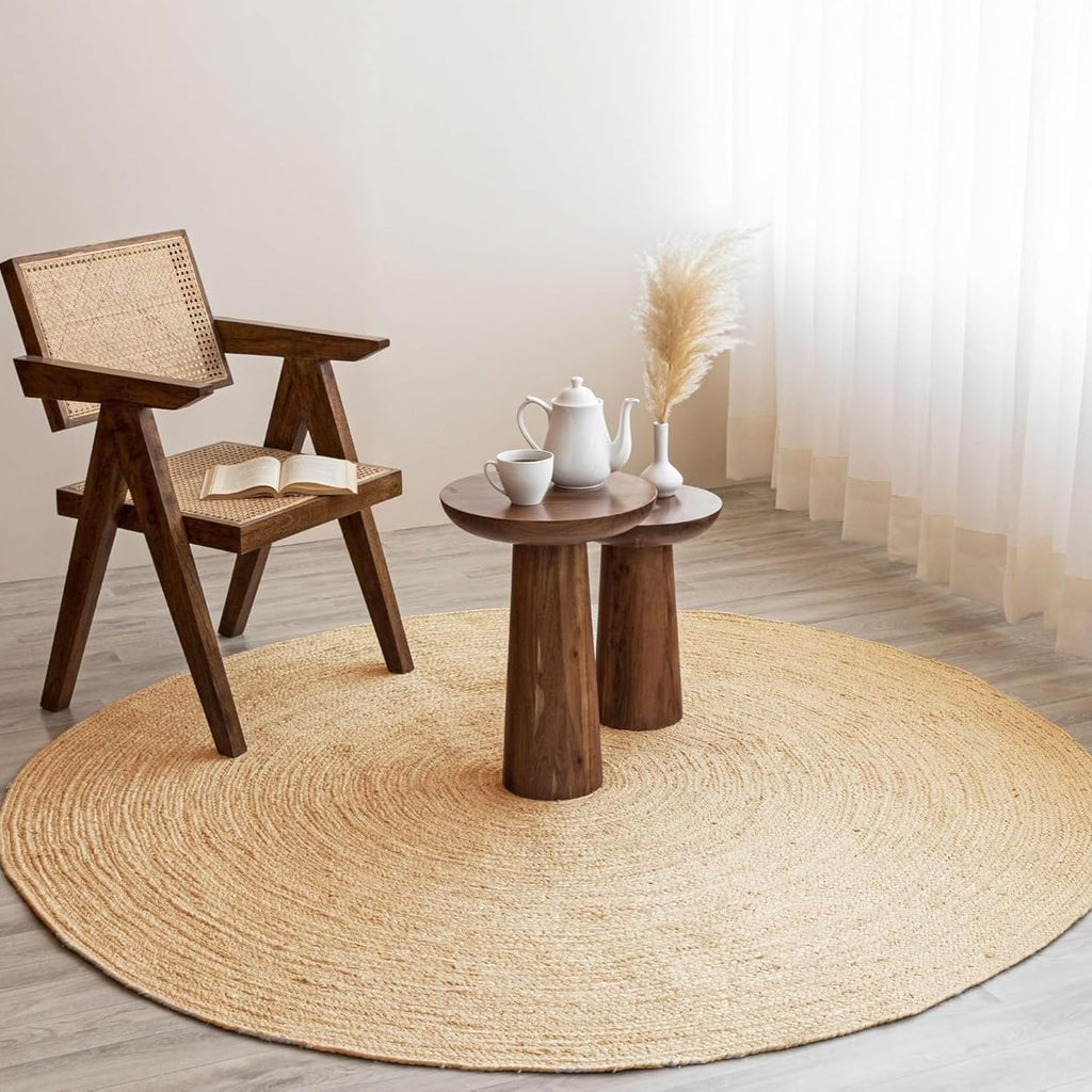 HOMEMONDE Handwoven Jute Area Rug - 4 feet Round Natural Yarn Loom Braided Rug - Eco-Friendly Boho Farmhouse Reversible Design for Bedroom, Living Room, and Kitchen (Natural)