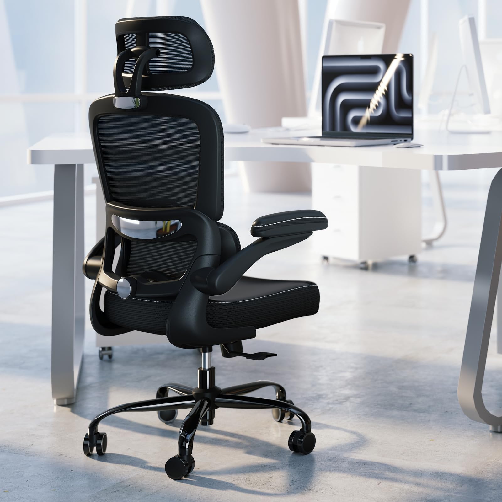 TRALT Ergonomic Office Chair - Desk Chair with Adjustable Headrest Lumbar Support Computer Chair - Mesh Comfy Chair with Flip-up Armrests - Gaming Chairs for Adults Home Office (Leather, White)