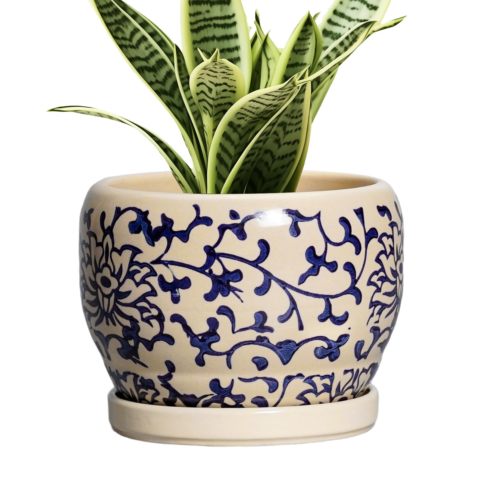 SQOWL Ceramic Planter 8 Inch - Pot for Indoor Outdoor Plants Round Ceramic Plant Pot with Drainage Hole and Saucer Modern Flower Pot Glazed Blue