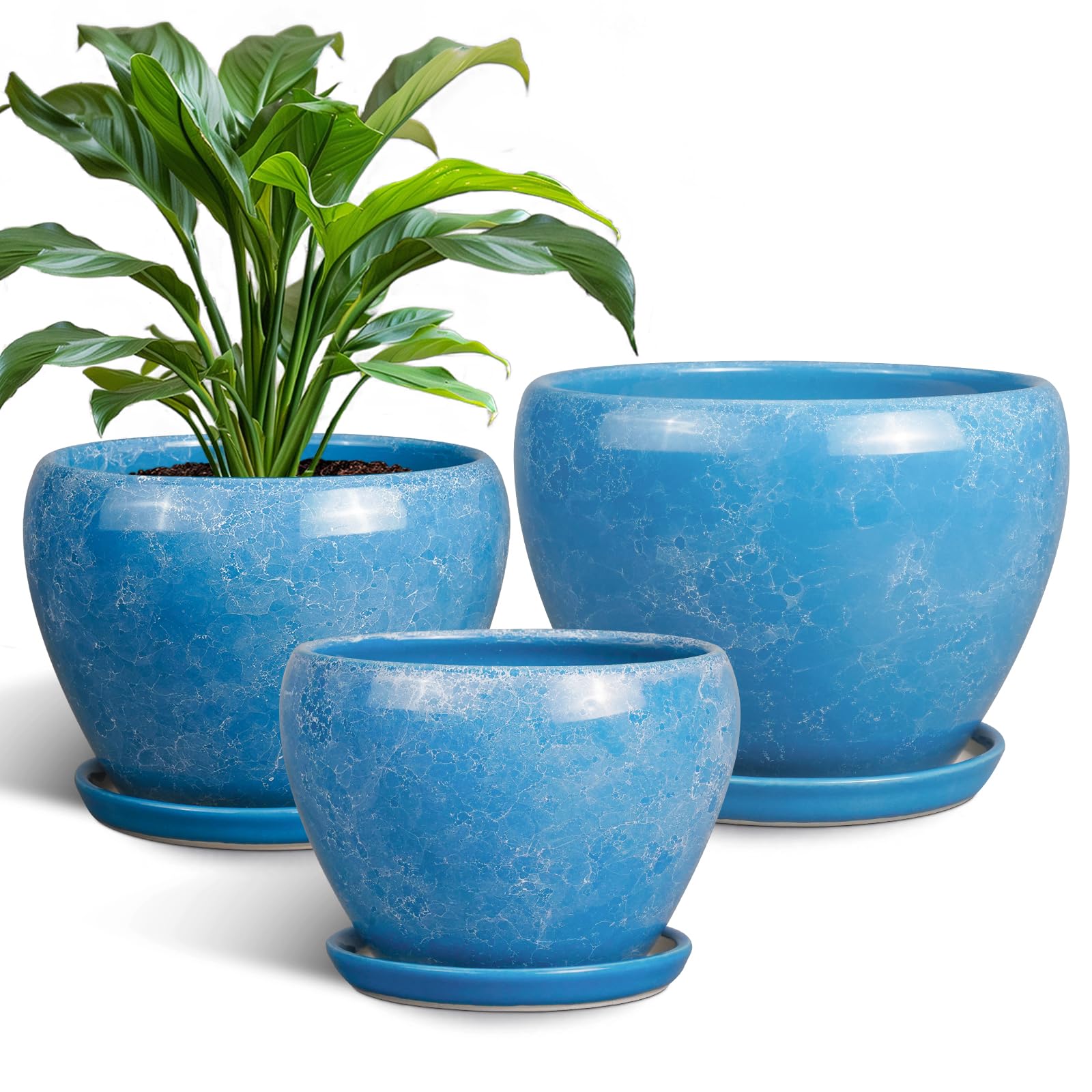 Ceramic Plant Pots Indoor, 10 Inch 8 Inch 6 Inch Round Planters Pots for Indoor Outdoor Plants, Modern Large Flower Pots with Drainage Holes and Saucers, Set of 3, Blue