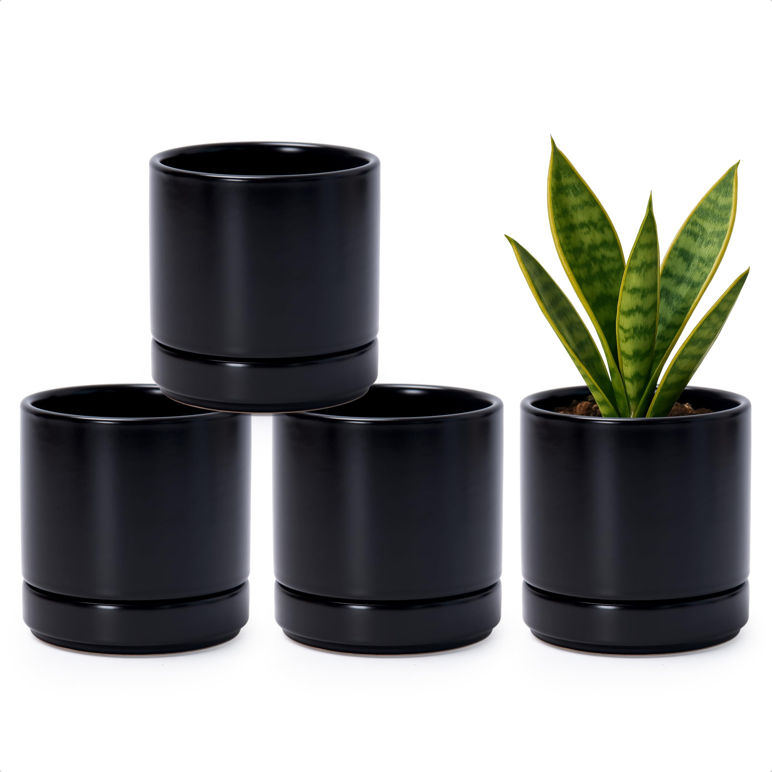 D'vine Dev Set of 4 Small Ceramic Plant Pots, 4.7 Inch Succulent Planter Pot for Plants with Drainage Hole and Saucer, White, 94-X-B-1