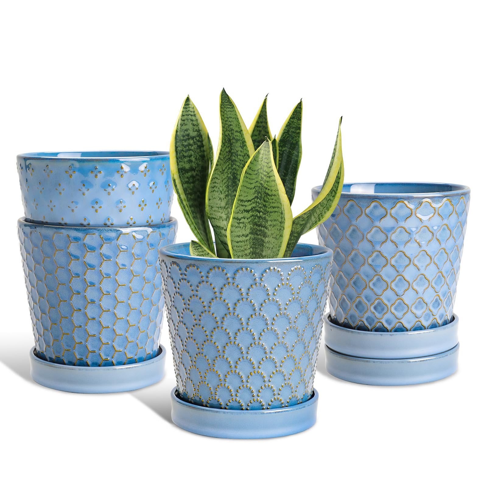 EFISPSS Flower Planter –5 inch Ceramic Plant Pots with Drainage Hole and Ceramic Tray - Gardening Home Desktop Office Windowsill Decoration Gift Set of 4 - Plants NOT Included