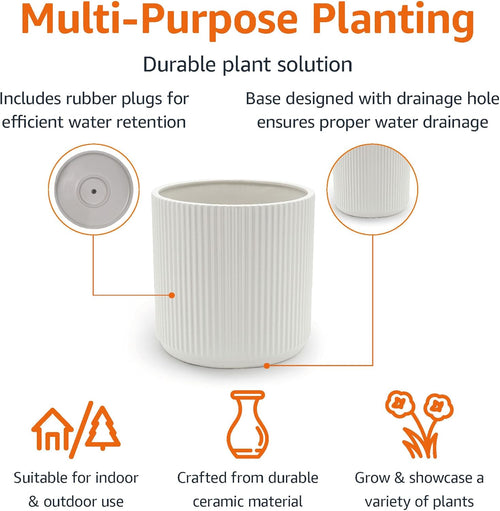 Amazon Basics Fluted Ceramic Round Planter with Drainage Hole, Indoor Outdoor Flower Pot, 10-inch, White