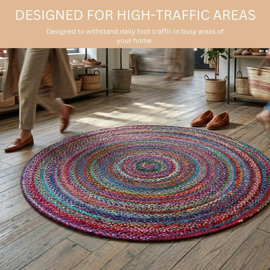 WeWove Hand Woven Area Rug 8 Feet Round - Cotton Area Rug Rustic Farmhouse Boho Accent Rug for Living Room Bedroom Kitchen Dorm Entryway Hallway - for High Traffic Areas Handcrafted Floor Rug